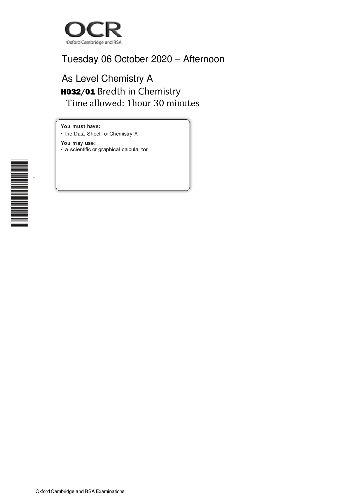 Preview image for OCR A Bredth in chemistry 2020,, Chemistry As paper 1 2020. H032/01 Bredth in Chemistry The Marking Scheme.